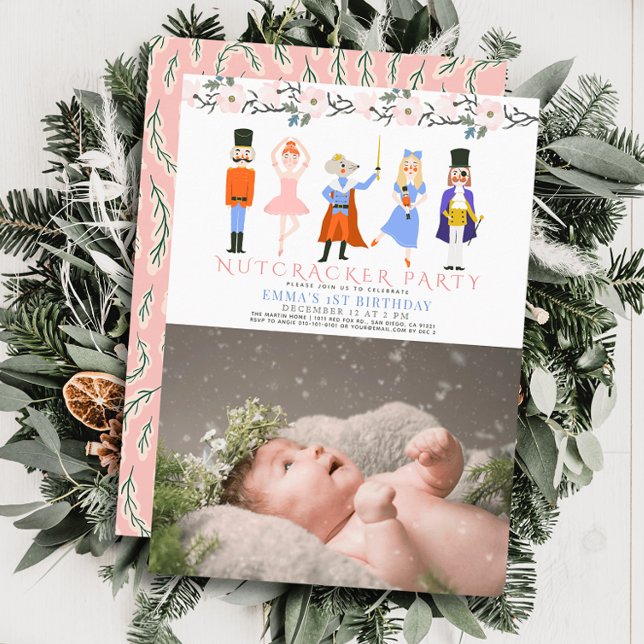 Nutcracker Pink Christmas 1st Birthday Photo Invitation (Creator Uploaded)