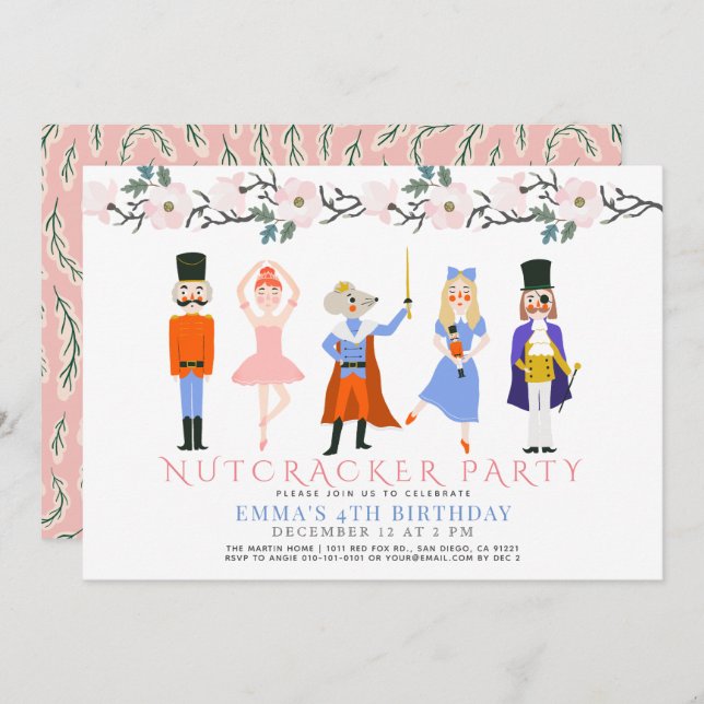 Nutcracker Pink Christmas Floral Girl Birthday Invitation (Front/Back)