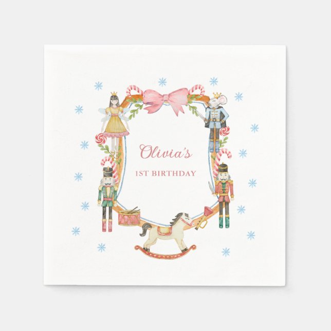 Nutcracker Pink Christmas Girl 1st Birthday Napkin (Front)