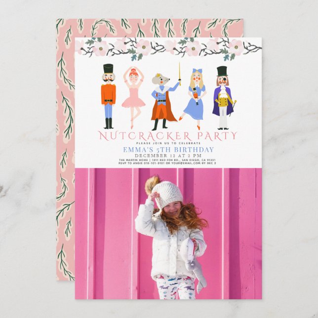 Nutcracker Pink Christmas Girl Birthday Photo Invitation (Front/Back)