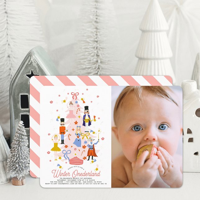 Nutcracker Pink Christmas Tree 1st Birthday Photo Invitation (Creator Uploaded)
