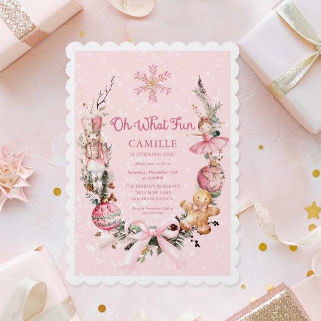 Nutcracker Pink Girl 1st Birthday  Invitation (Oh what fun Winter Holiday birthday Invitation)