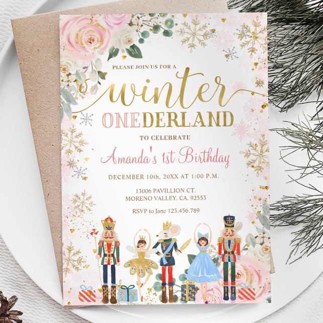 Nutcracker Pink Snowflakes Onederland Birthday Invitation (Creator Uploaded)