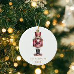 Nutcracker pink white simple Christmas Ceramic Ornament<br><div class="desc">White background,  and a pink nutcracker.  Personalise and add a name and year.</div>