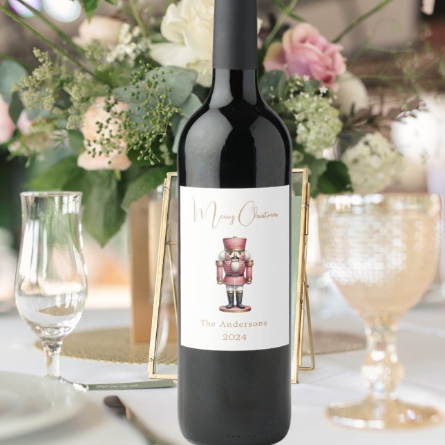Nutcracker pink white simple Christmas Wine Label (Creator Uploaded)