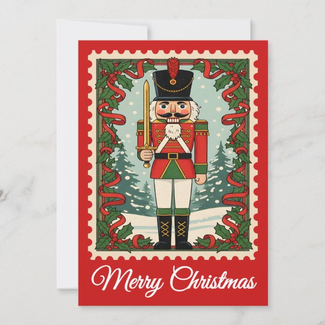 Nutcracker | Retro Postage Stamp Christmas Card (Front)