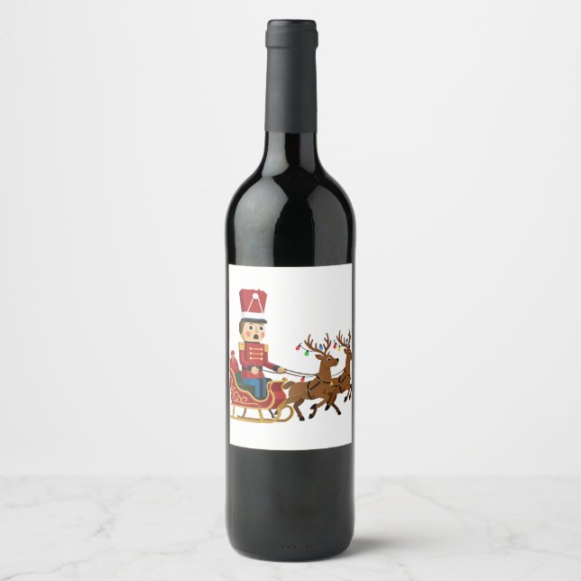 Nutcracker Riding a Magical Christmas Sleigh Wine Label (Front)