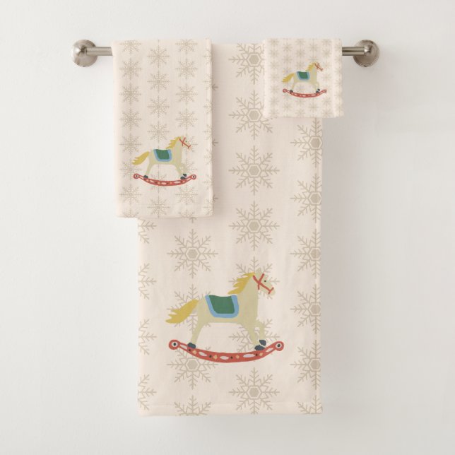 Nutcracker Rocking Horse Snowflake Pattern Holiday Bath Towel Set (Insitu)