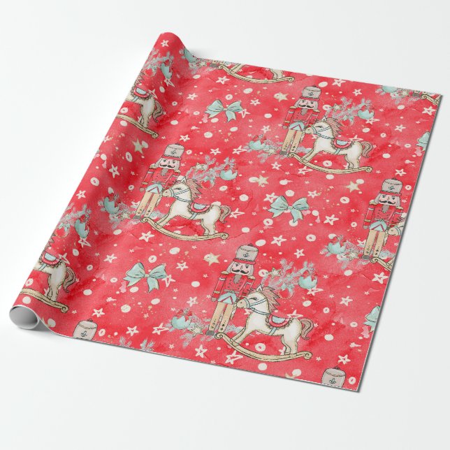 Nutcracker Soldier Pony Wrapping Paper Red (Unrolled)