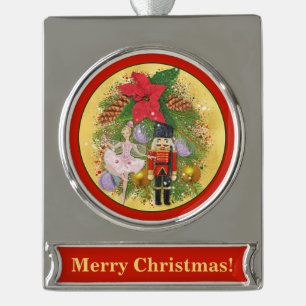 Nutcracker Soldier Sugar Plum Fairy Christmas Xmas Silver Plated Banner Ornament