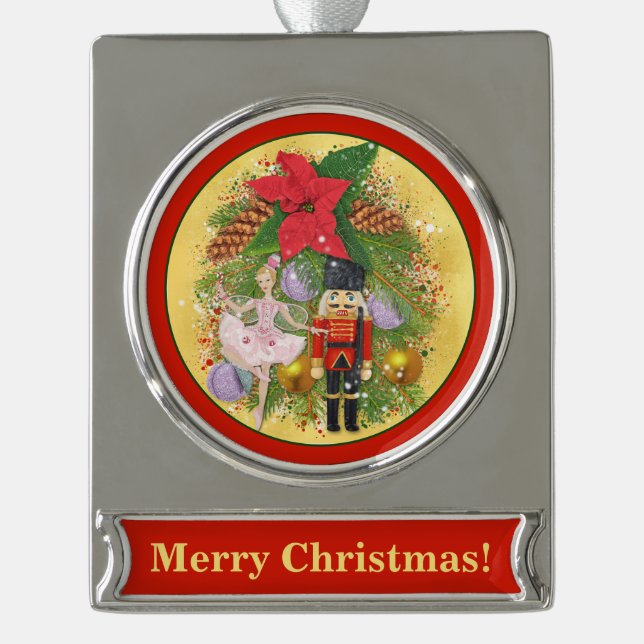 Nutcracker Soldier Sugar Plum Fairy Christmas Xmas Silver Plated Banner Ornament (Front)