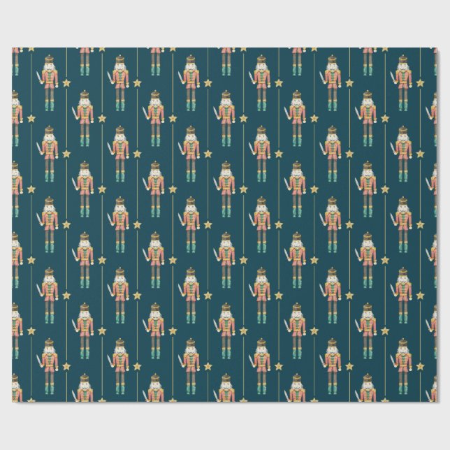 Nutcracker Stars Stripes Blue Christmas Wrapping Paper (Flat)