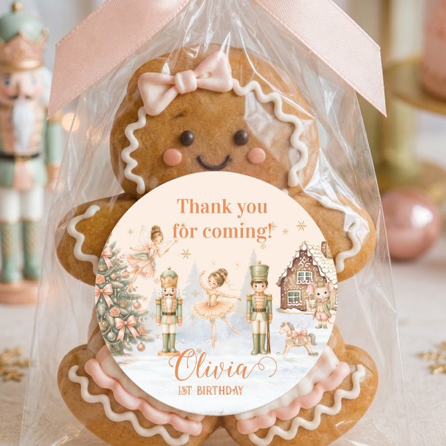 Nutcracker Sugar Plum Fairy Thank You First Bday Classic Round Sticker (Nutcracker Sugar Plum 1st Birthday Personalized Classic Round Sticker)