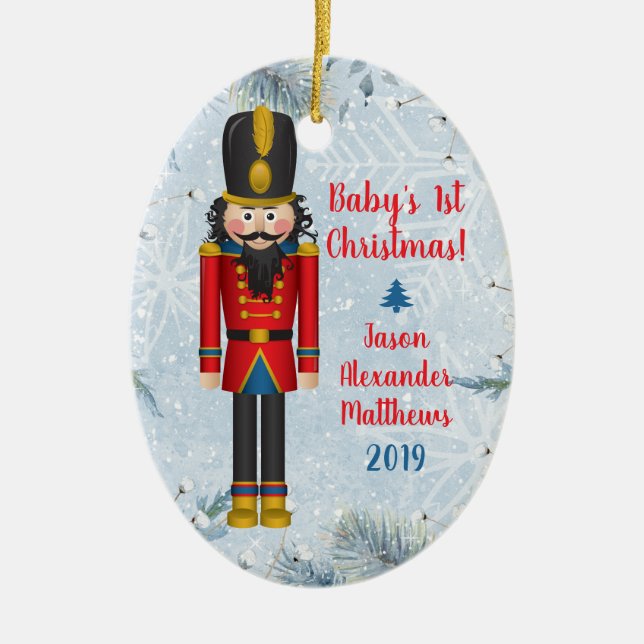 Nutcracker Toy Soldier Baby's First Christmas Ceramic Ornament (Front)
