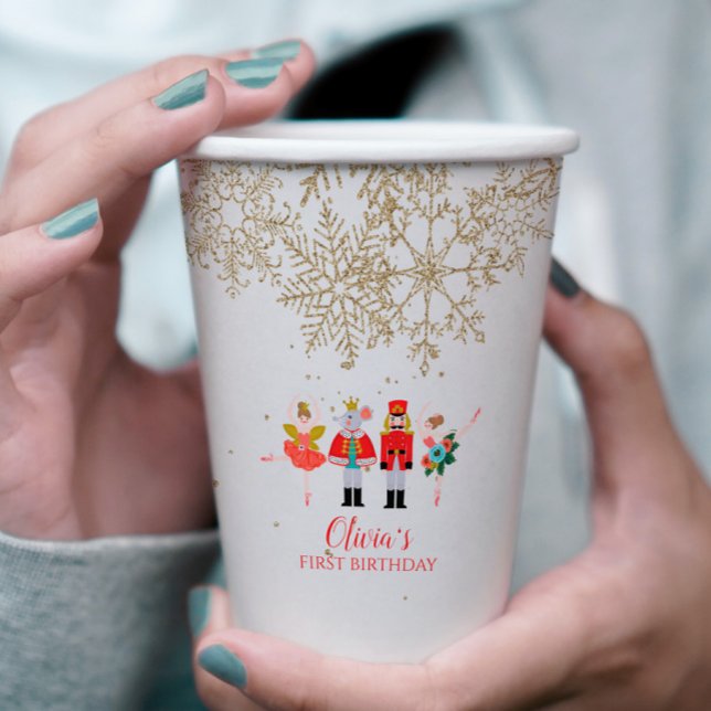 Nutcracker Winter Ballet Gold Snowflake Birthday Paper Cups (Creator Uploaded)