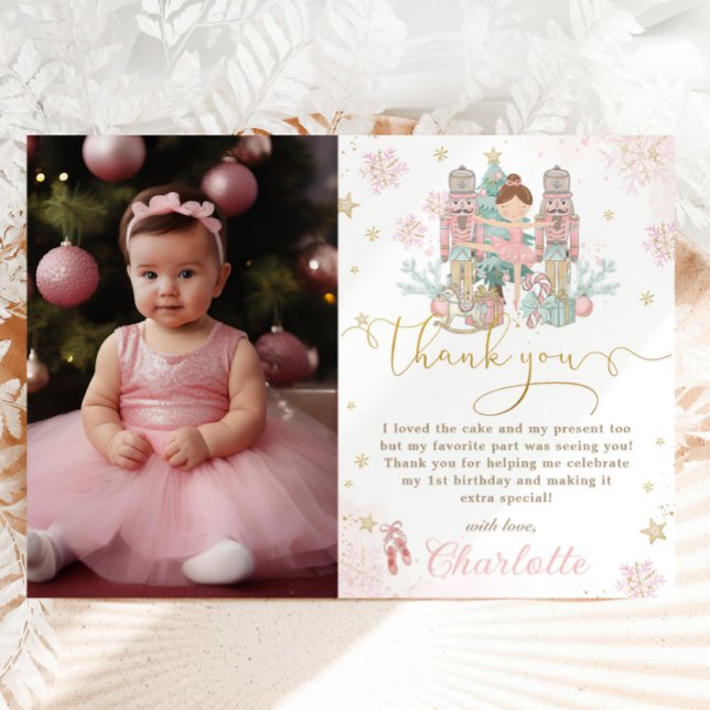 Nutcracker Winter Onederland 1st Birthday Photo Thank You Card (pastel-pink-the-nutcracker-ballet-winter-onederland-wonderland-1st-birthday-party-photo-thank-you)