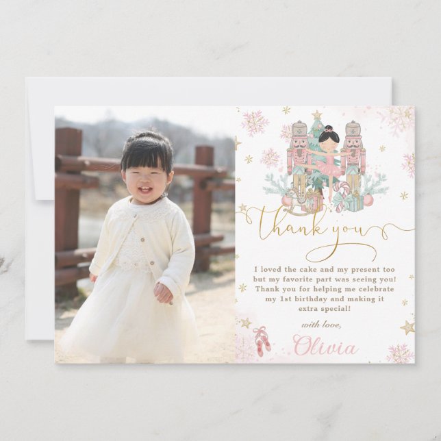 Nutcracker Winter Onederland 1st Birthday Photo Thank You Card (Front)