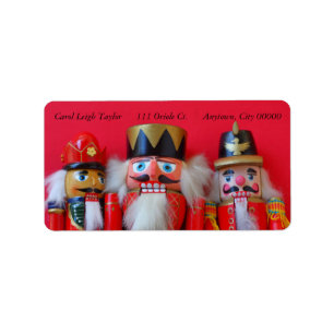 Nutcrackers in red uniforms label