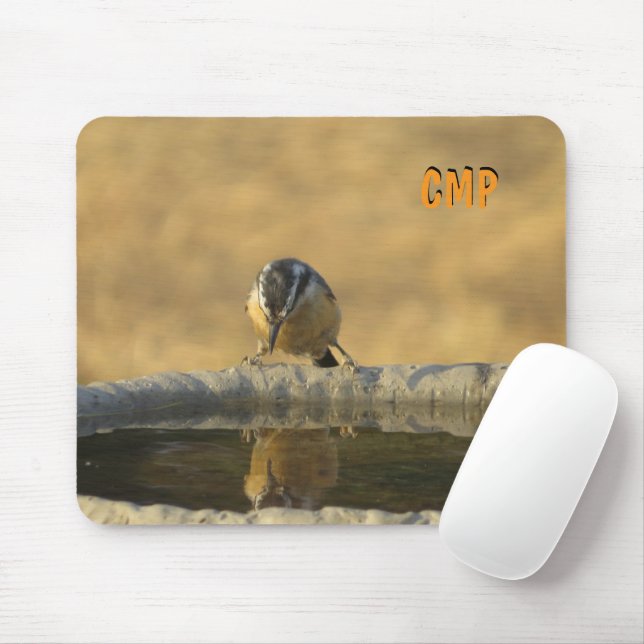 Nuthatch Looking at Reflection in Bird Bath Mouse Pad (With Mouse)