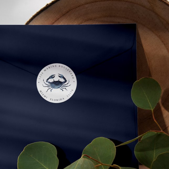 Nutical Blue Crab Return address Classic Round Sticker (Creator Uploaded)