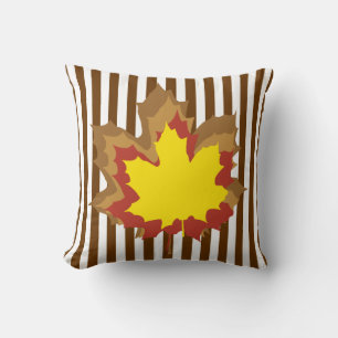 Nutmeg Autumnal Stripes with Leaves Cushion