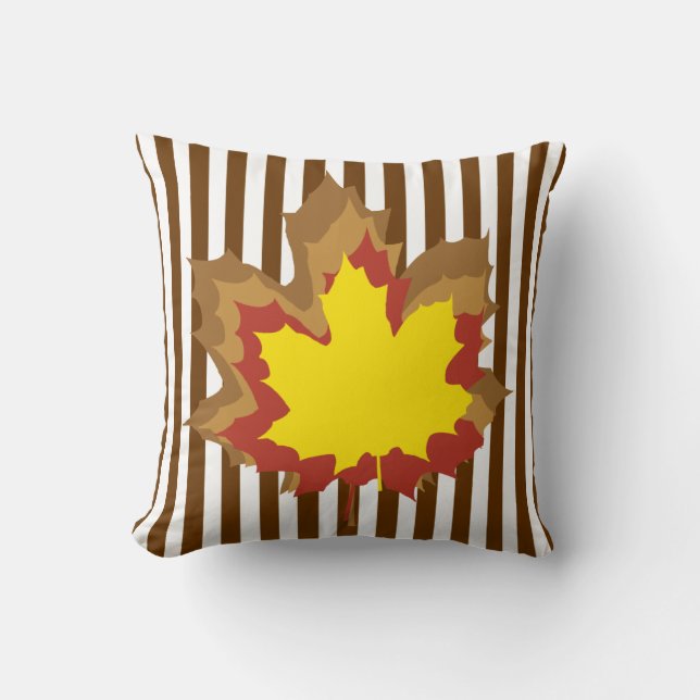 Nutmeg Autumnal Stripes with Leaves Cushion (Front)