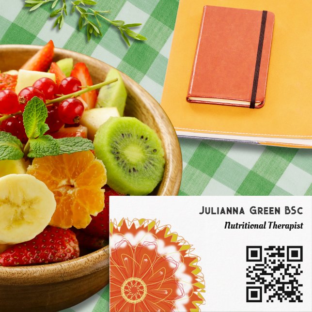 Nutritional Therapist Holistic Nutrition Health QR Business Card (A business card for a Nutritional Therapist, with orange slice design and scannable QR code)