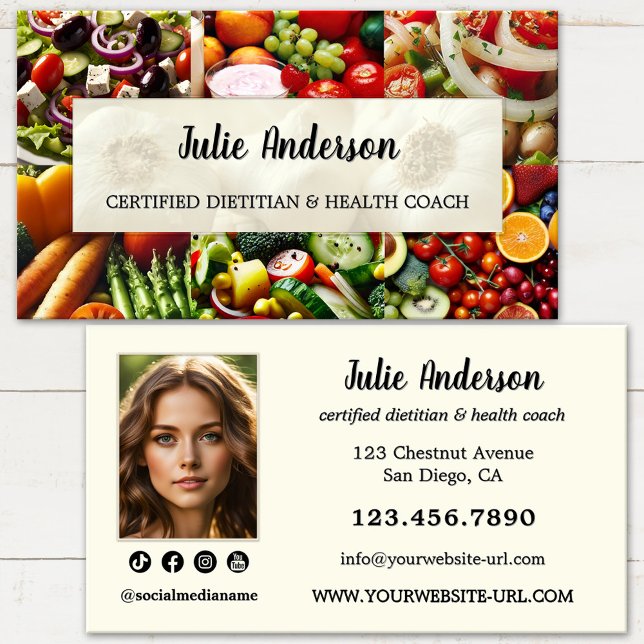 Nutritionist Dietician Health Coach Business Card (Professional dietitian business card featuring a colorful array of fresh vegetables and fruits)