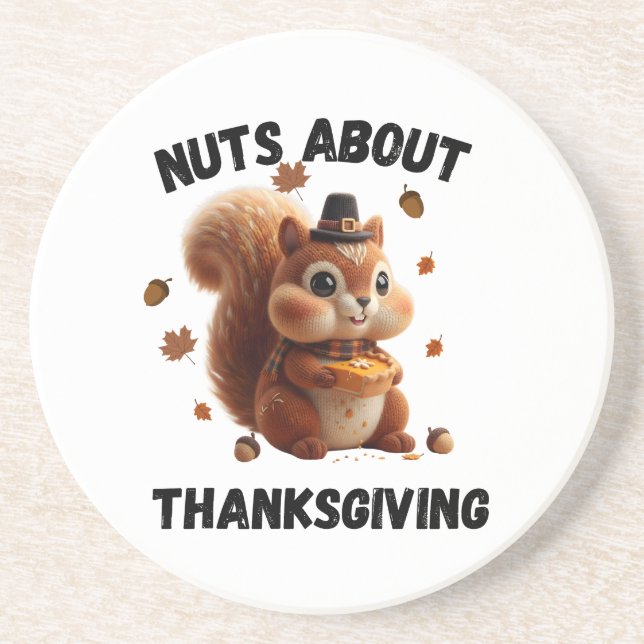 Nuts About Pie – Cute Yarn Squirrel Thanksgiving  Coaster (Front)