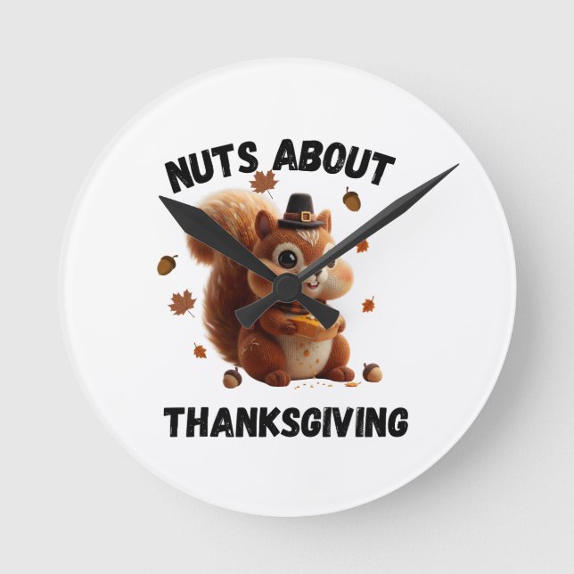 Nuts About Pie – Cute Yarn Squirrel Thanksgiving  Round Clock (Front)