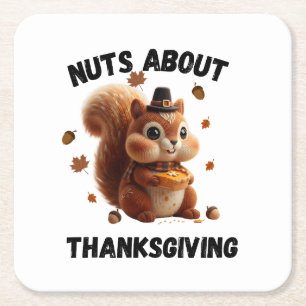 Nuts About Pie – Cute Yarn Squirrel Thanksgiving  Square Paper Coaster