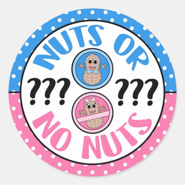 Nuts or No Nuts themed gender reveal stickers (Front)