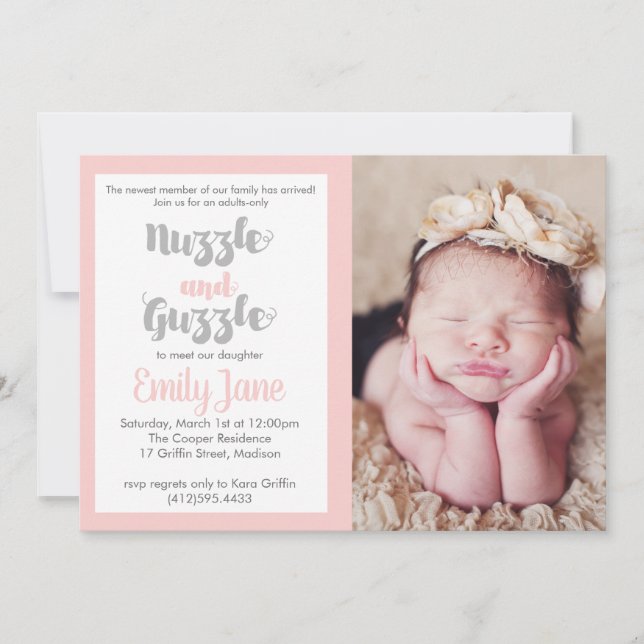 Nuzzle and Guzzle Baby Photo Invitation II (Front)