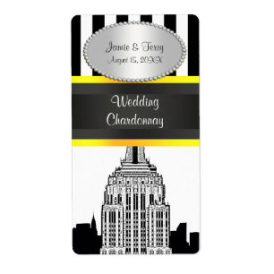 NY City Etched Skyline BW Stripe Yel P Wine Label
