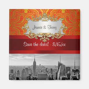NY City Skyline BW 112 Red Gold Paisley Save  Date Magnet