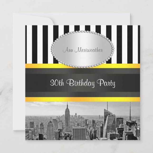 NY City Skyline BW Blk Wht Strp Yellow Birthday Invitation (Front)