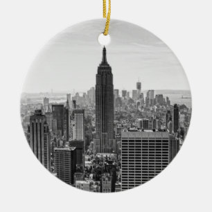 NY City Skyline Emp St Bldg, WTC BW Ceramic Ornament
