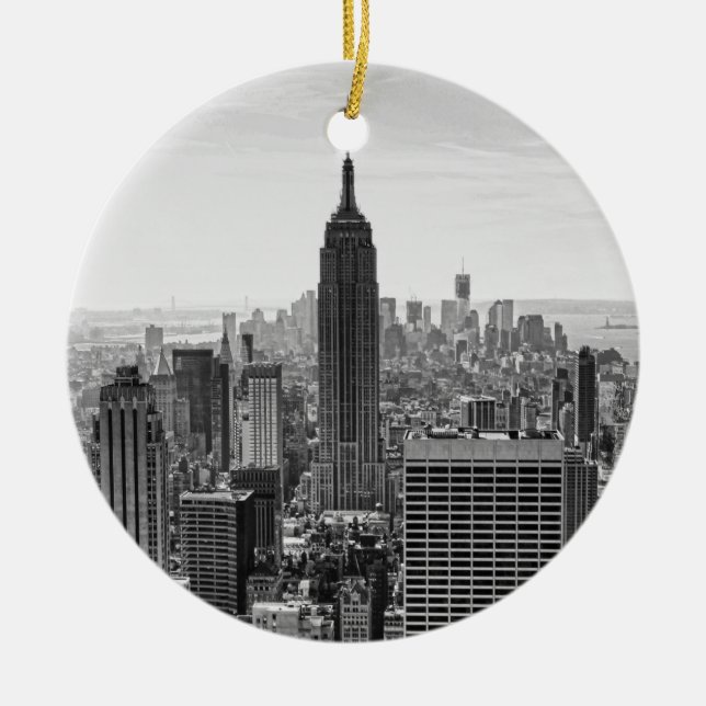 NY City Skyline Emp St Bldg, WTC BW Ceramic Ornament (Front)