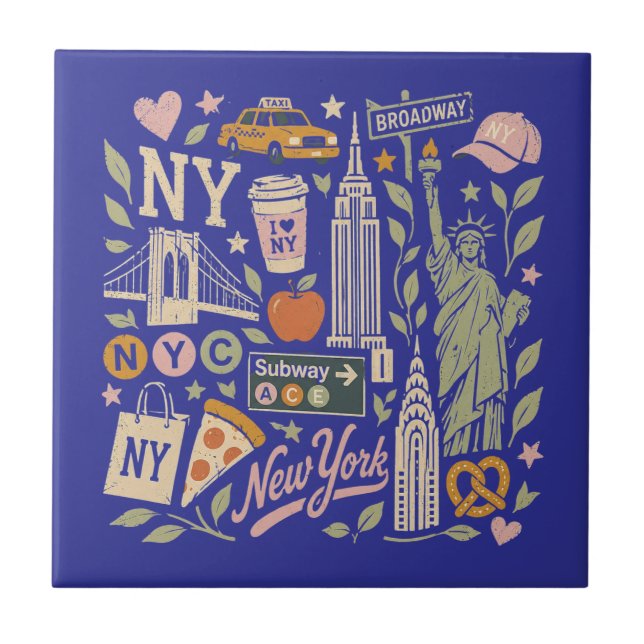 ny retro collage design ceramic tile (Front)