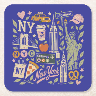 ny retro collage design square paper coaster