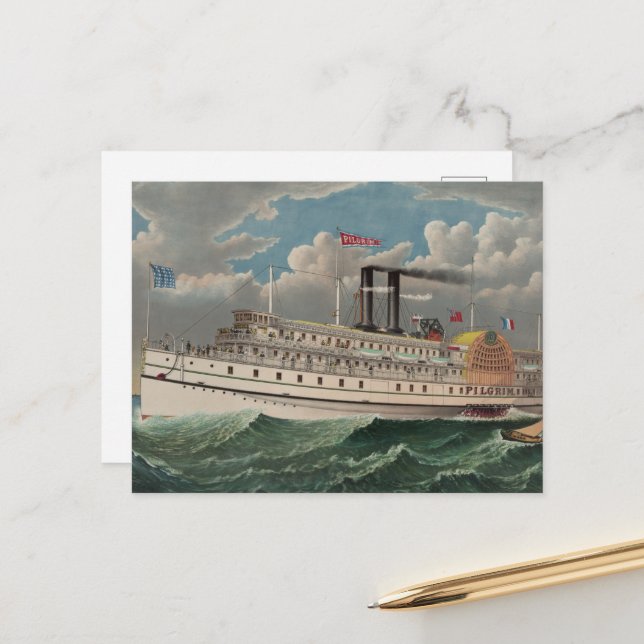 NY Voyage Grand Paddlewheel Steamboat The Pilgrim  Postcard (Front/Back In Situ)