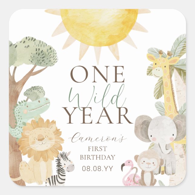 Nyala Safari Animals One Wild Year First Birthday Square Sticker (Front)