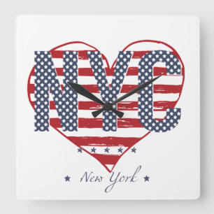 NYC American Flag Heart Square Wall Clock