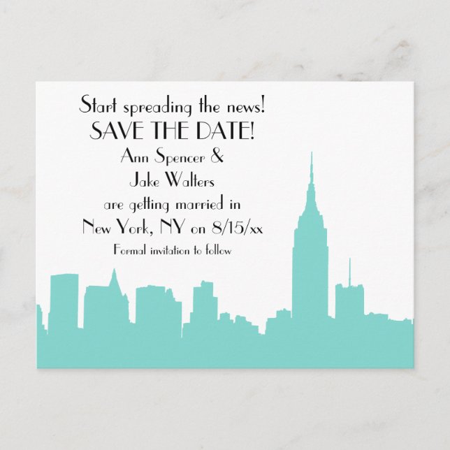 NYC Aqua Skyline Silhouette Save the Date Announcement Postcard (Front)