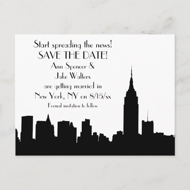 NYC Black Skyline Silhouette Save the Date Announcement Postcard (Front)
