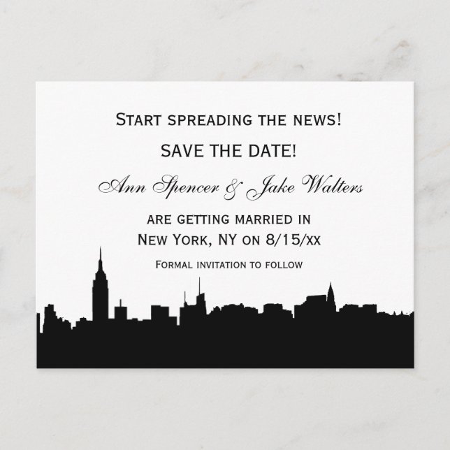 NYC Black Wide Skyline Silhouette #2 Save the Date Announcement Postcard (Front)