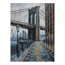NYC Brooklyn Bridge Rainy Day Waterfront Scene