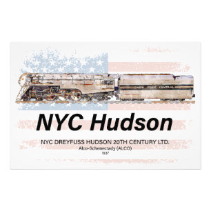 NYC Dreyfuss Hudson Locomotive. American flag Photo Print