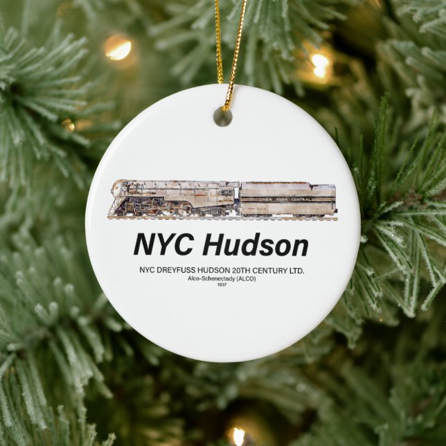 NYC Dreyfuss Hudson Steam Locomotive. Profile Ceramic Ornament (Tree)
