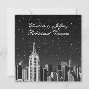 NYC ESB Skyline Etched Black Star Rehearsal Dinner Invitation